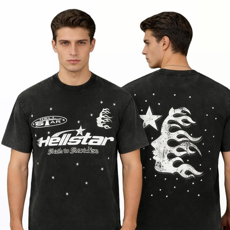Hellstar Vintage Unique Print Washed Cotton T-Shirt Men's Casual Loose Fit Summer Ready Tee Whimsical Design Top Distressed Festive Tshirt Streetwear Shortsleeve