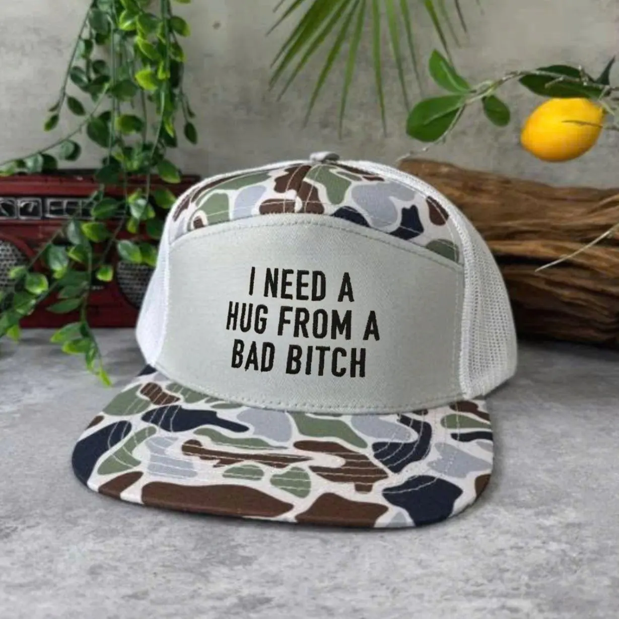 I Need A Hug From A Bad Bitch Embroidered Trucker Hat, Funny Y2K Snapback Cap, Trendy Adjustable Mesh Hat for Women, Cute Streetwear Gift