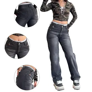 Women's High Waisted Wide-Leg Charcoal Wash Denim Jeans - Relaxed Fit Y2K Streetwear Casual Pants
