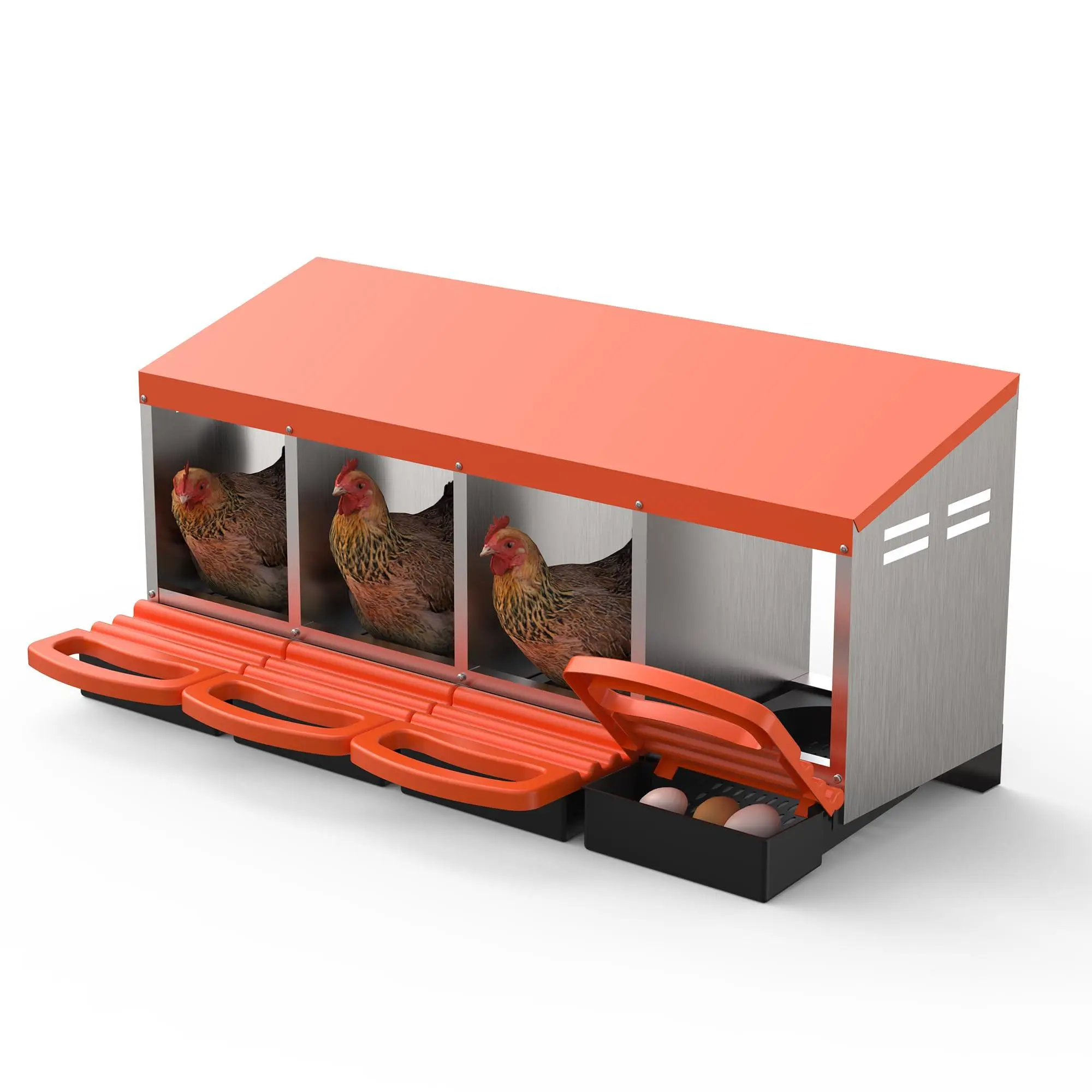 Chicken Nesting Box 4 Hole, Galvanized Steel Nest with Roll Away Egg Collection & Swing Perch, Easy-Clean Laying Box for Hens, Heavy Duty Design for Chicken Coop