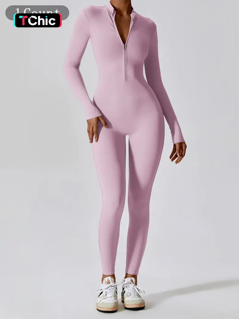 Women's Solid Zip Up Long Sleeve Sports Jumpsuit, Casual Sporty Comfy Jumpsuit for Yoga Gym Workout, Ladies Sportswear for All Seasons, All Season Activewear