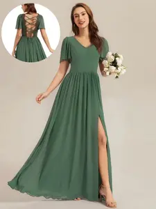 EVER-PRETTY 2026 New Trend V-Neck Cap Sleeve Pleated Chiffon Maxi Dress Tie-Up Backless Floral Pocket Wedding Guest Bridesmaid Evening Gown
