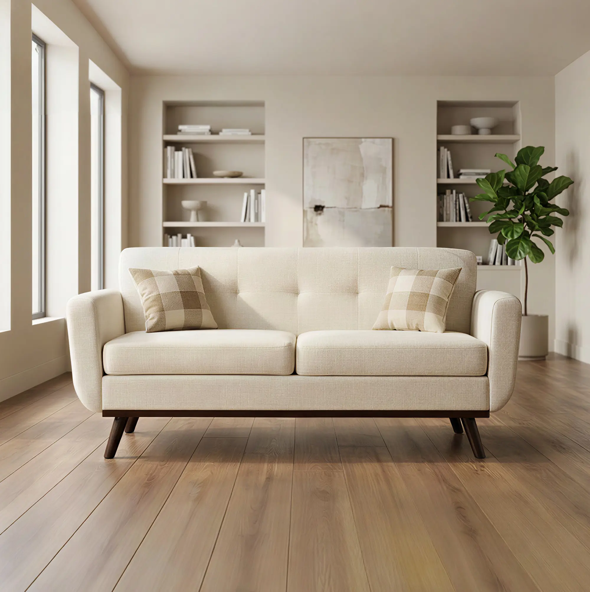 Tbfit Modern Loveseat Sofa - Cream White Tufted Linen Space-Friendly Small Sprung Wood-Accent Sofa Set for Living Room, Bedroom, Space-Friendly Sofa Sets, Small Sofa Sets