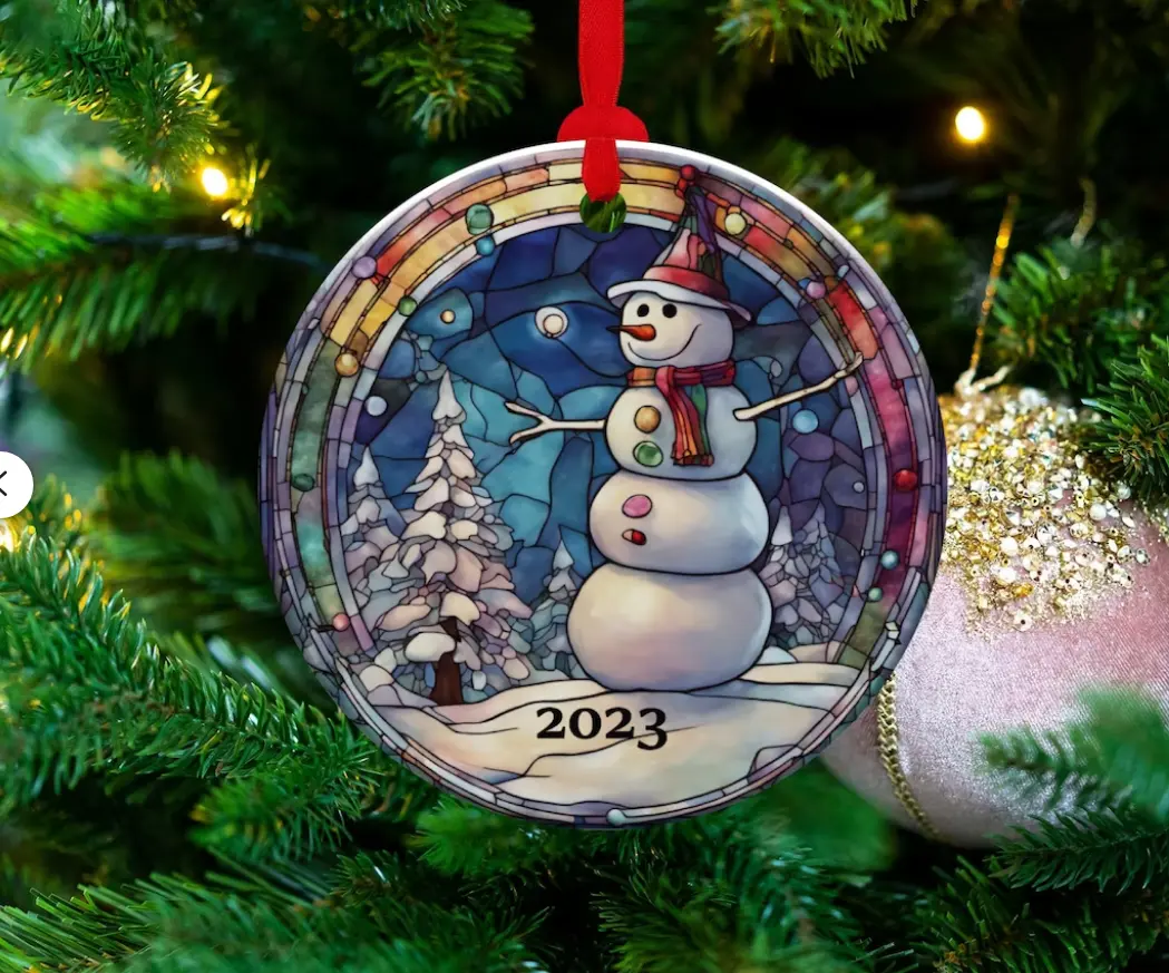 2023 Snowman Ornament, Christmas Decoration, Holiday Gift Idea, Heirloom Keepsake, Round Ceramic, Bauble Present