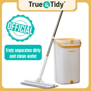 True & Tidy Mop & Bucket with Pump: Hands-free, separates dirty water, 3 compartments, wet/dry use, large capacity, 2 washable microfiber pads mop