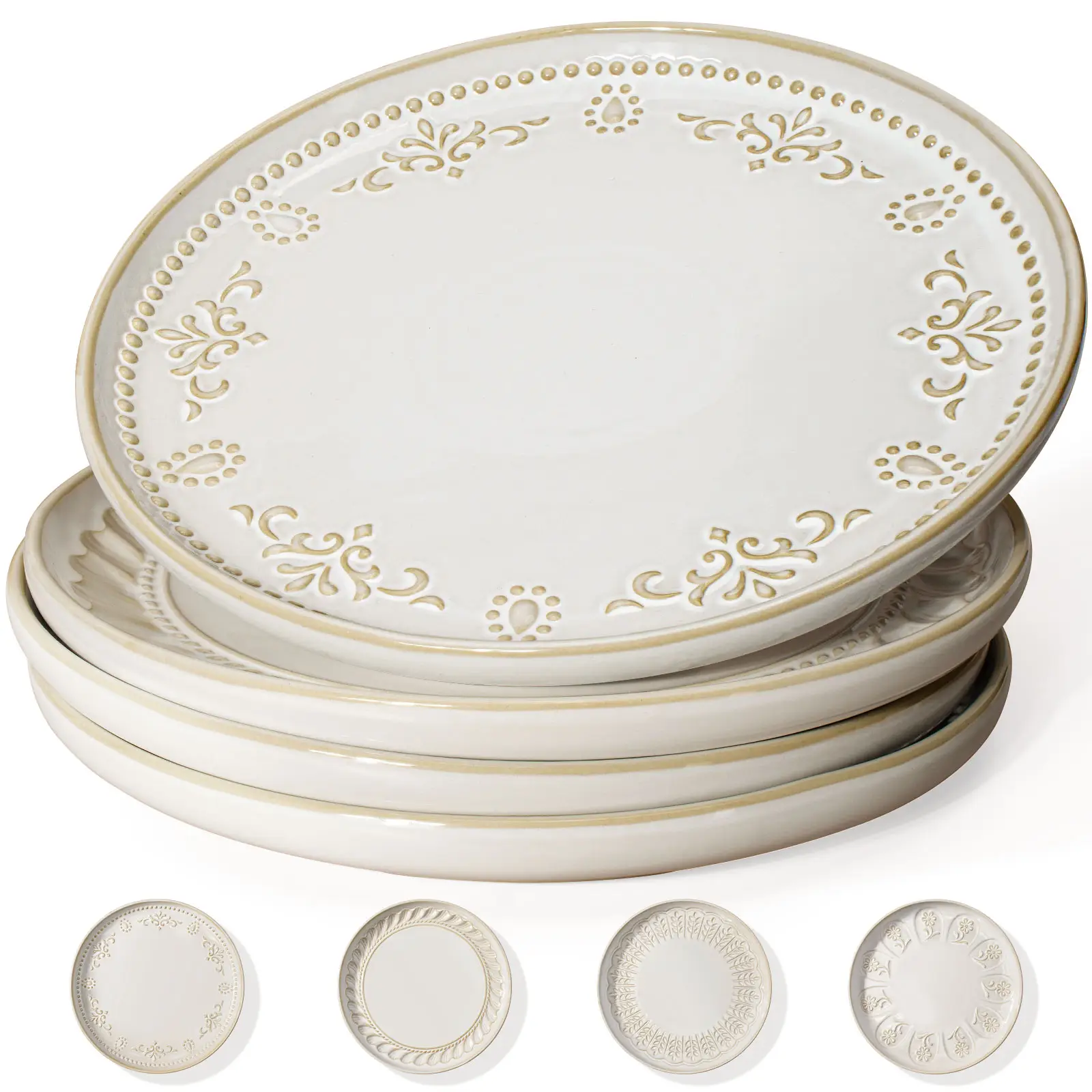 Artena Large Ceramic Dinner Plates Set Of 4, 10.75 Inch Embossed Kitchen Salad Plates, Modern Serving Plates For Restaurant, Plates With Lipped Edges,