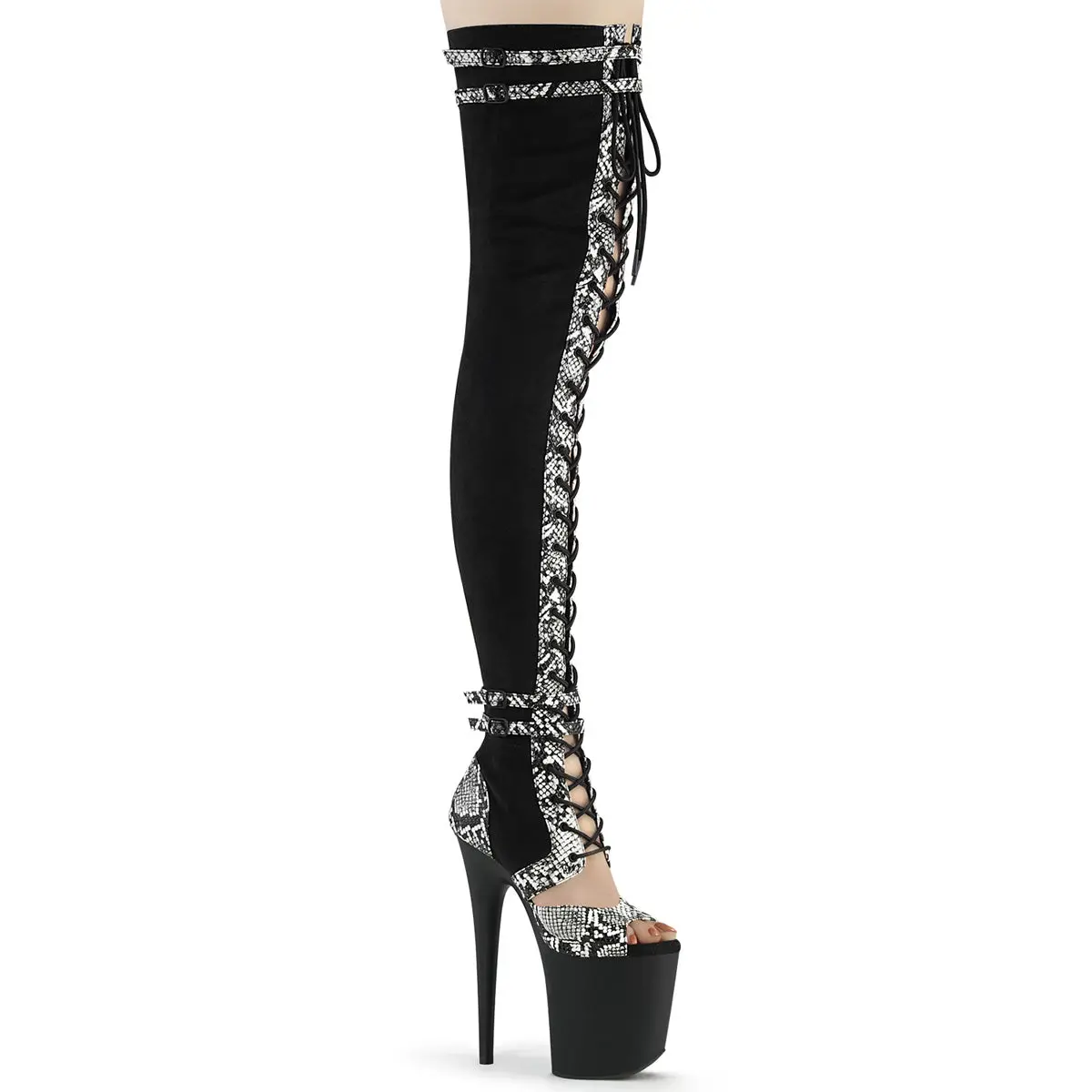 Pleaser 3027SP Women's Thigh-High Lace Platform Boot - Black Suede, Open-Toe, Zippered Women's Shoe, Black Suede/Black