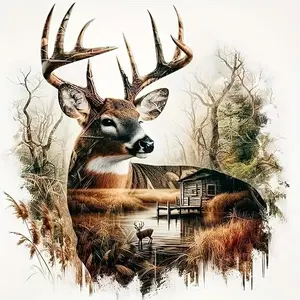 Rustic Deer Cabin Diamond Painting Kit - Forest & Lake Print, DIY Full Drill Rhinestone Art, Wall Decor for Home