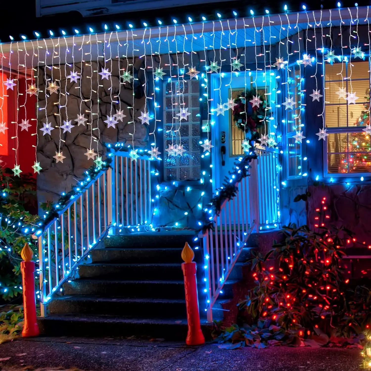 40ft Connectable Christmas Snowflake Icicle Lights, 360 LEDs, Multicolor & Warm White with RF Remote, Waterproof for Outdoor Xmas Decor