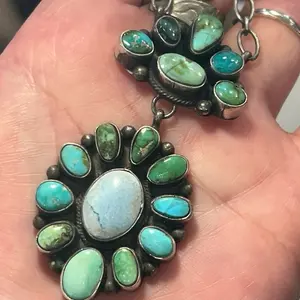 Double Blossom Design Genuine Turquoise Pendant, .925 SS Chain Fine Jewelry