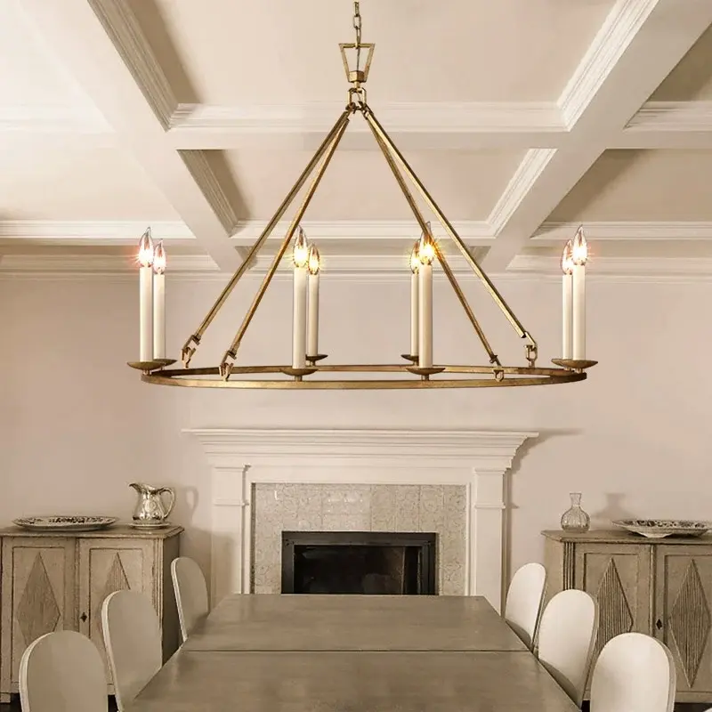 Homary 8-Bulbs Round Rustic Vintage Brass AC-Powered Adjustable 3-Height Hanging Chandelier - 35.4"dia x 29.5"h, Chain-Included, Vintage Charm Decorative Lighting for Dining Room, Kitchens