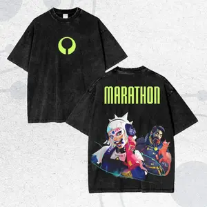 Marathon The Game Oversized Graphic Tee Vintage Washed Heavy Cotton Double Sided Print Streetwear Unisex Gamer Fashion Trend
