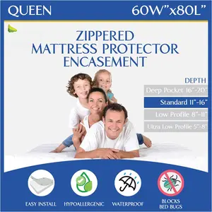 Mattress Protector - Zippered   Mattress Cover,   Bed Encasement White
