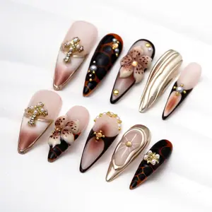 HeyxNails Luxe Bloom Tortoise Elegance 10PCS Handmade Press On Nails Resuable Almond/Stilleto Shape