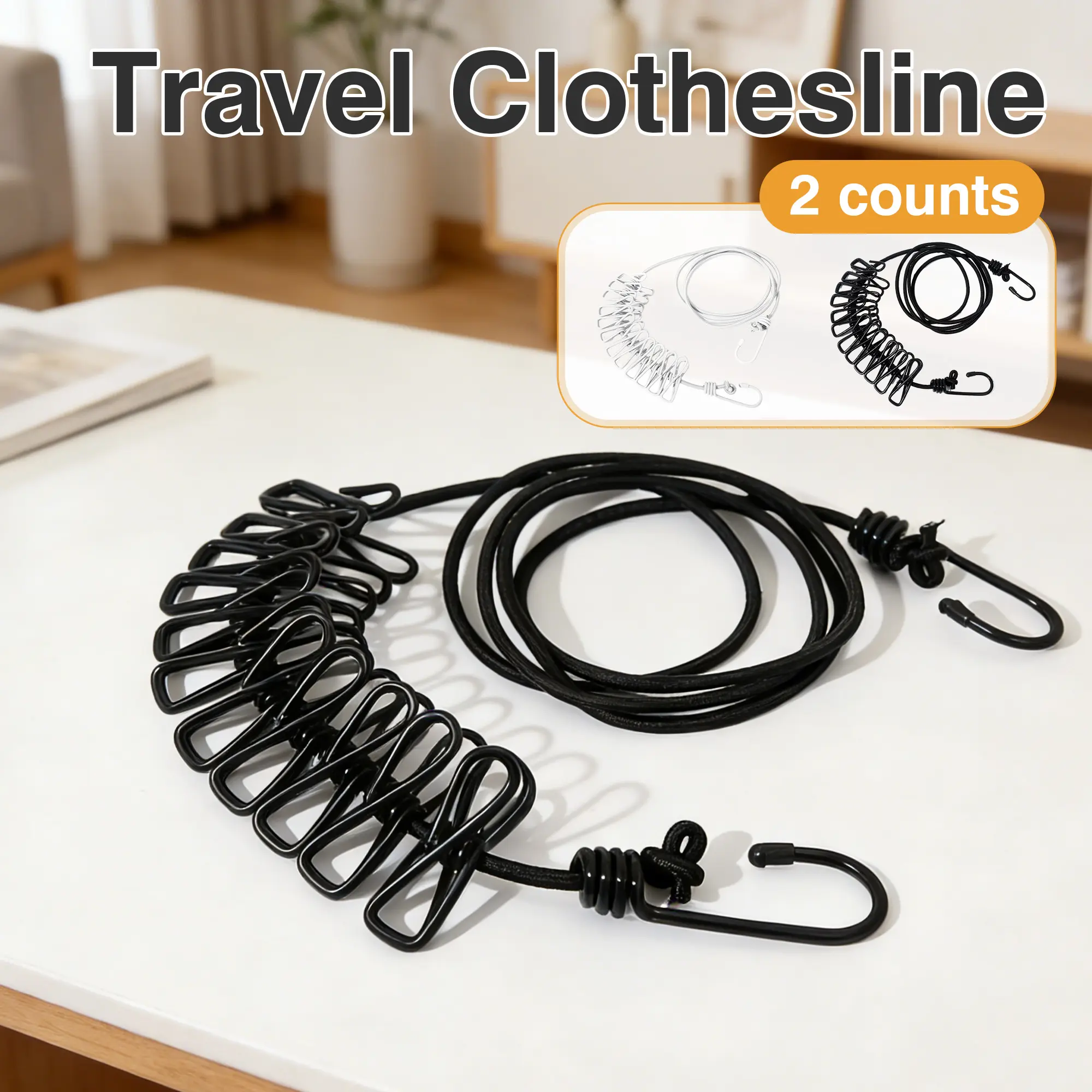 2 Counts Travel Clothes Hangers,Portable Extendable Travel Clothes Drying Ropes,For Backyard Hotel Balcony Clothes Drying,White and Black