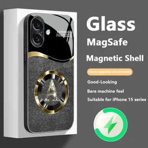 Suitable for [iPhone 16] New high-end magnetic letter anti-drop glass mobile phone case New business simple metal paint electroplated glass wireless charging mobile phone case Affordable anti-drop and anti-fingerprint 995