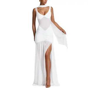 HYZ Women's Sleeveless  Halter Neck Evening Gown Ruched Waist High Slit Flowy Long Maxi Dress for Prom Wedding Gala Black