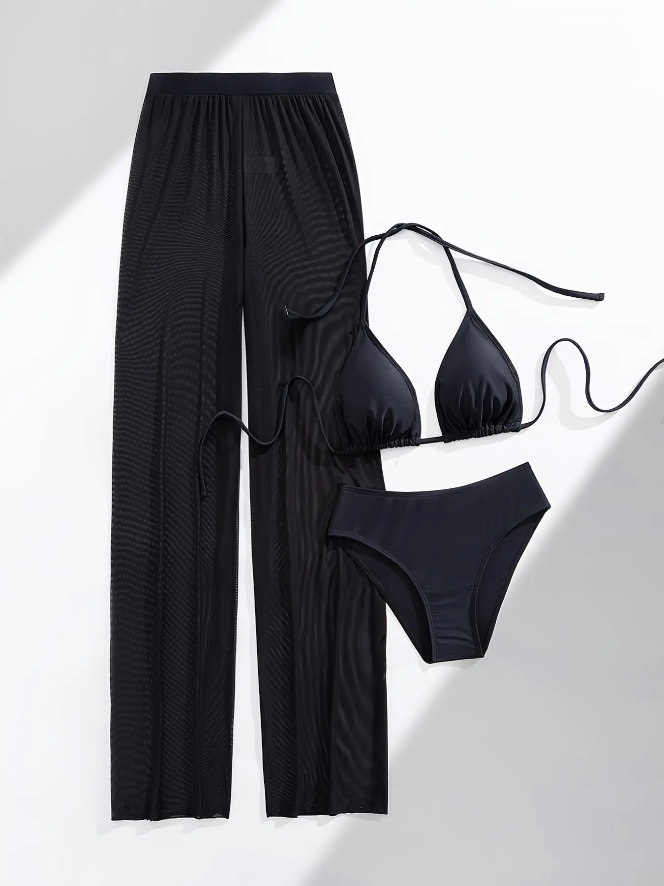 High Waist Mesh Beach Wide Leg Pants Sun Protection Sexy Swimsuit Bikini Three Piece Set, Chic Swimsuit Set Stylish Summer for Women