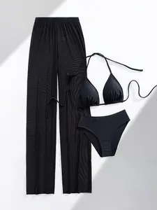 High Waist Mesh Beach Wide Leg Pants Sun Protection Sexy Bikini Three Piece Set, Stylish Summer for Women