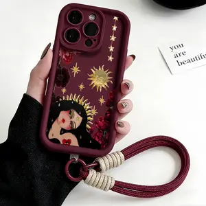 Bohemian Sun Goddess Maroon Floral Phone Case - Mystical Witchy Aesthetic Protective Cover For iPhone 17 Pro Max 16 15 14 13 12 11 for Samsung S22 S23 S24 S25 Phone Case|Phone case with a lanyard|gift for him for her|Best Gift  #YGTYJTSN5