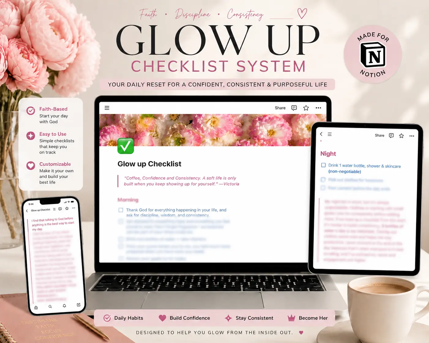 Pre-filled Glow Up Checklist &  Blank Customizable Planner | Notion Template | Digital Download