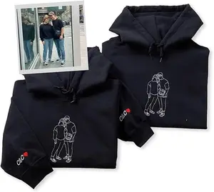 Personalized Embroidered Couple Hoodie with Outline Portrait, MOM Mother's Day Portrait From Photo and Names – Unique Gift for Lovers, Anniversary or Valentine Day, Mother's Day
