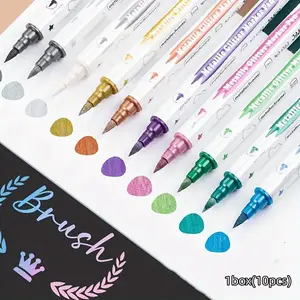 10pcs Metallic Glitter Marker Pens, Dual Tip Brush & Fine Nibs, Multi-Surface Craft Markers, DIY Albums, Scrapbooking, Art Supplies for Adults
