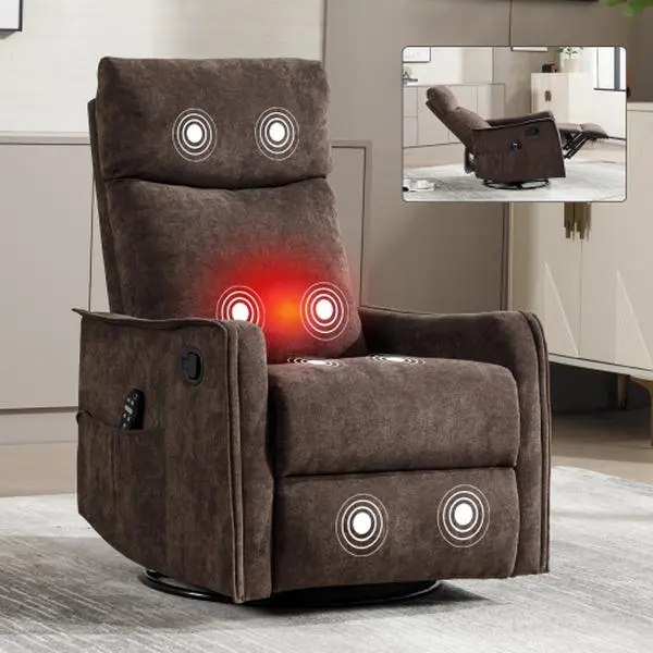 Adult Heated Swivel Rocker Recliner Chair - 360° Swivel, Overstuffed Soft Fabric Glider, Vibration Massage, Side Pockets, Heavy Duty Metal Frame Base for Living Room Lumbar Relief & Relaxation