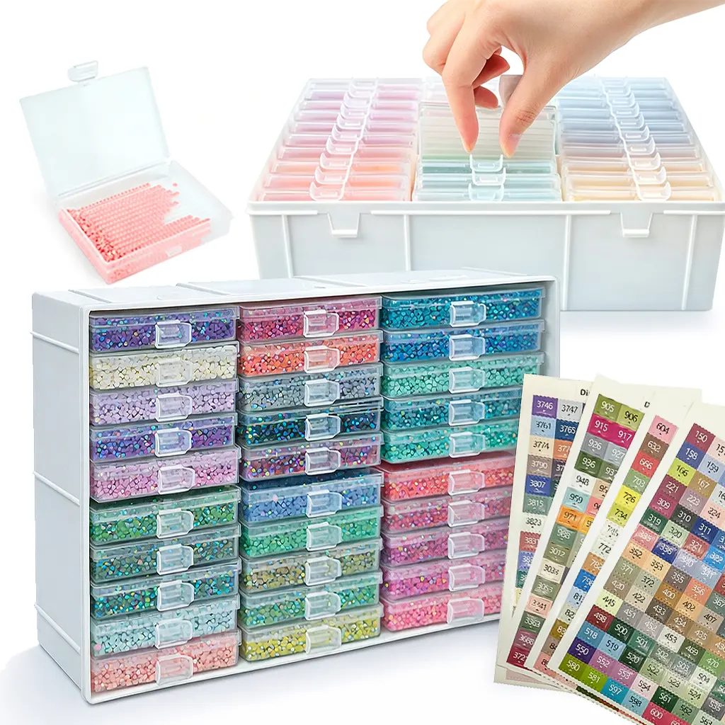 Multi-Drawer Bead Storage Organizer with Label Stickers, Transparent Plastic Diamond Painting Storage Box Craft Art