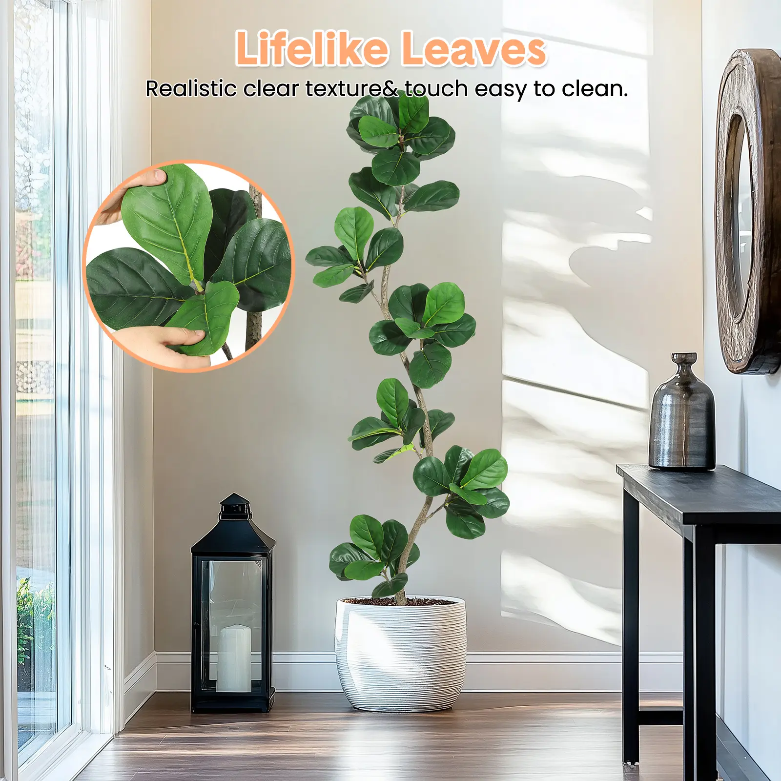 OUTGOODS Artificial Fiddle Leaf Fig Tree - Plastic Fake Plant with Black Nursery Planter, Large Fake Plastic Plant for Home Office Decor, Housewarming Gift, Fake Plastic Plants