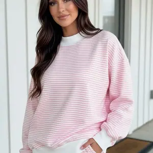 Bubble Gum Mock Neck Short Set - Pink Striped Long Sleeve Top & White Bottoms for Casual Wear