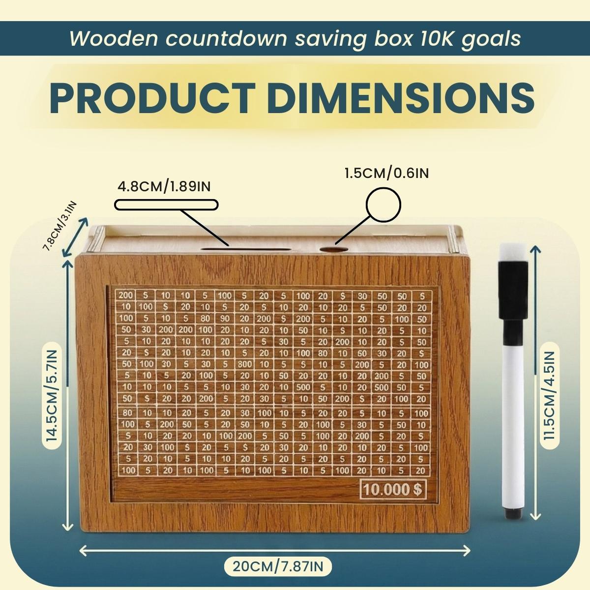 Wooden Cash Money Saving Box for Kids & Adults - Reusable $10,000 Savings Challenge Box with Progress Tracker & Cash Vault, Educational Piggy Bank Gift for Boys Girls