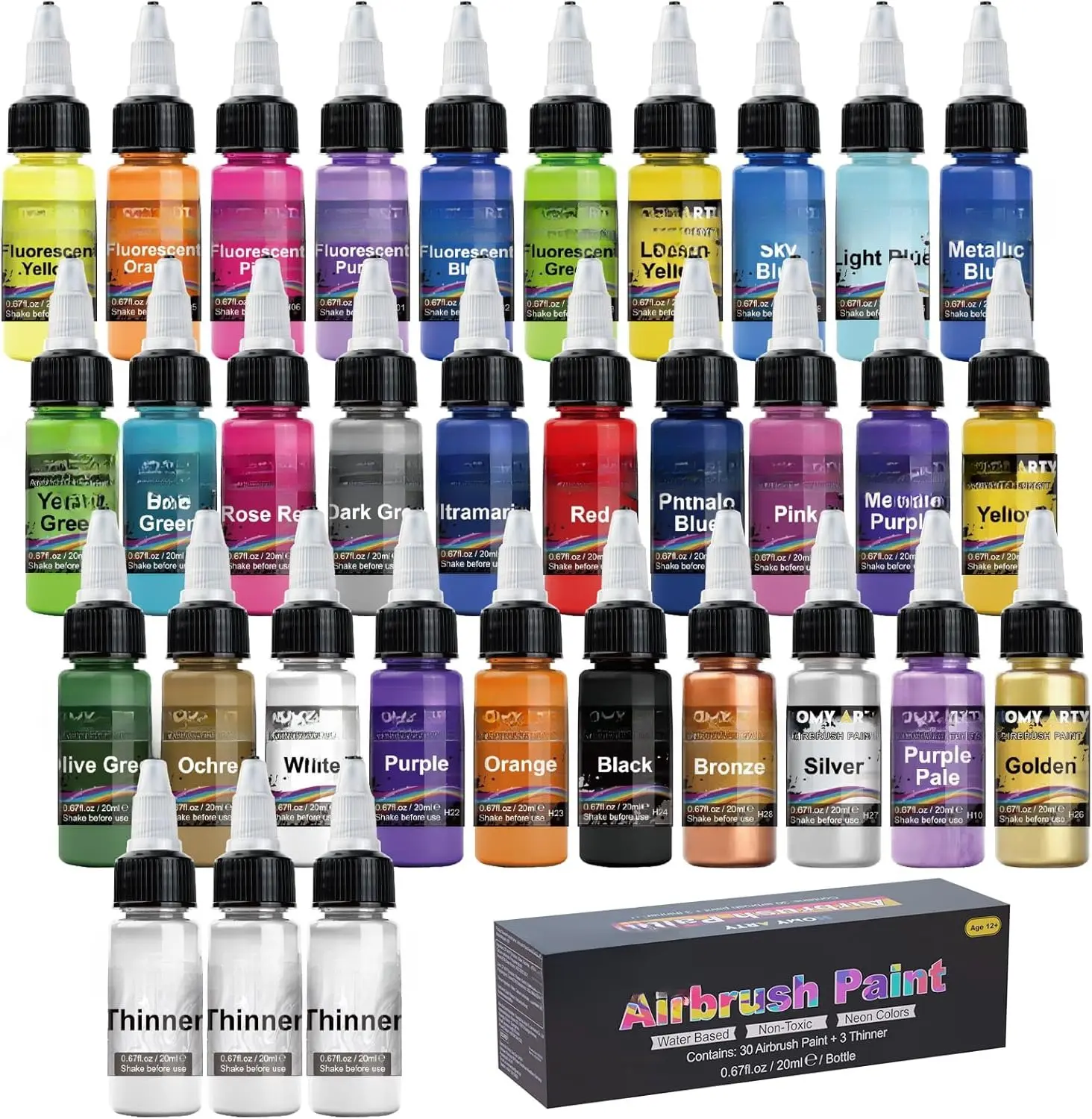 Water-Based Airbrush Paints Set (33 Bottles: 30 Colors, 3 Thinners) - Ready-to-Spray DIY Painting Supplies for Metal, Plastic Models, Student Painting Supplies