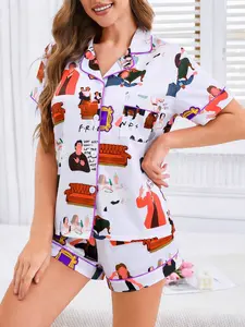 2 Piece Women's Pajamas Set, Friends TV Show Print Short Sleeve Sleepwear, White Lapel Button Down Top with Pocket, Elastic Waist Shorts, Soft Comfy Casual Loungewear for All Seasons, Daily Homewear for Women