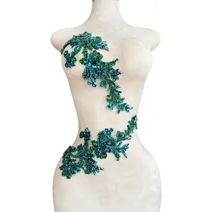 Handmade Rhinestones Bodice Lace Applique Handsewing Beads Sequins Trim Patches for Dress Clothes Accessories 1 Set/Bag 5.5X14inches Deepgreen