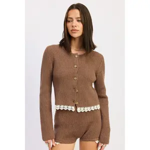 RIBBED CARDIGAN WITH CROCHET LACE DETAIL