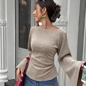 Women's Floral Knit Blouse - Slim-Fitting Ruched Waist, Wide Collar, Bell Sleeves, Boat Neck - Ideal for Party Wear