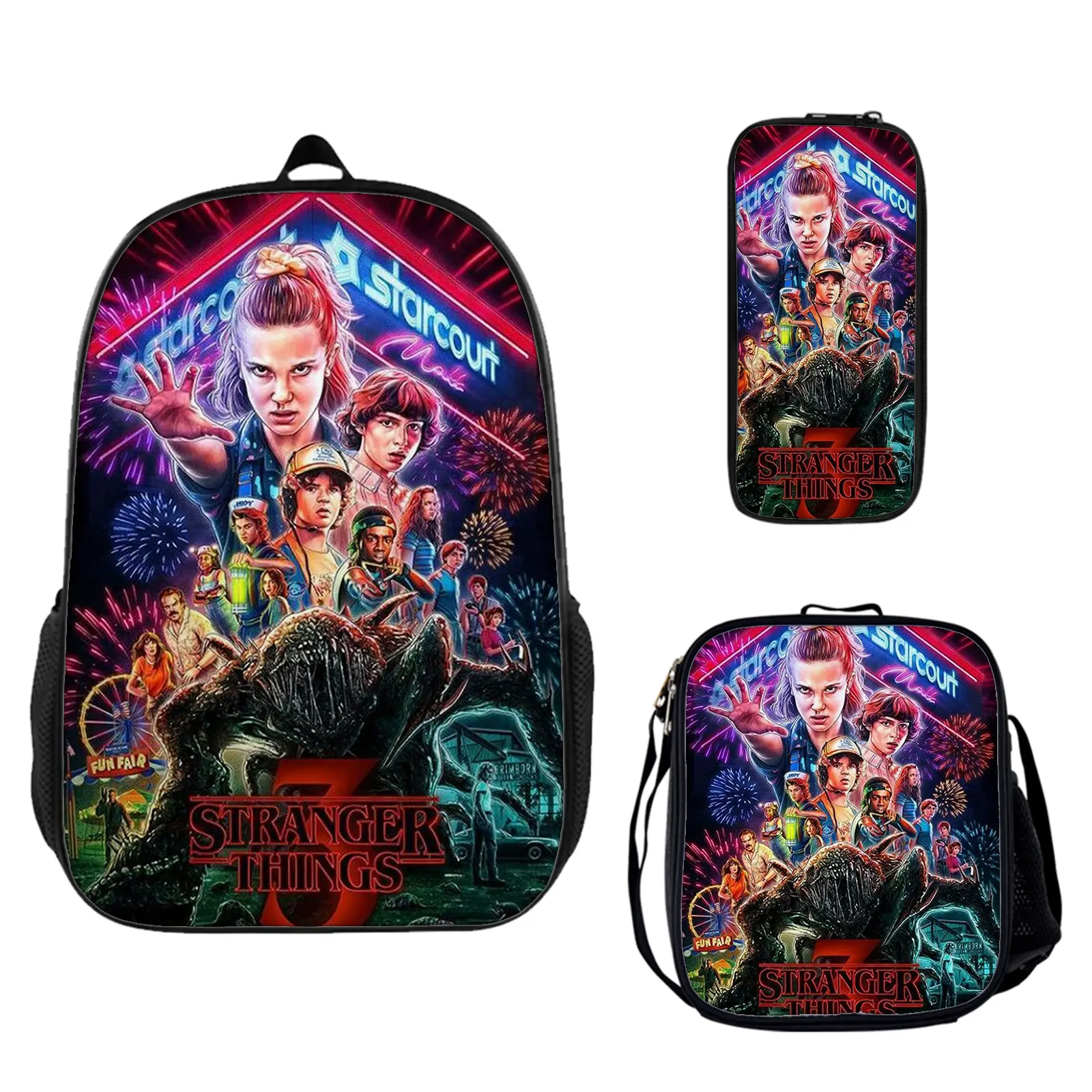 Stranger Things 3-Piece Cartoon Backpack Set - Large Capacity, Water Resistant, Lightweight School Bookbag with Insulated Lunch Box, Pencil Pouch, Adjustable Padded Straps for Teen Fans, Camping Travel Daypack Birthday Gift c-226, Vibrant, Girl, High-Defi
