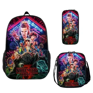 Stranger Things Large Capacity Backpack 3-Piece Set, School Bookbag with Insulated Lunch Box and Pencil Pouch for Teen Boys Girls, Lightweight Travel Daypack Birthday Gift for Fans c-226