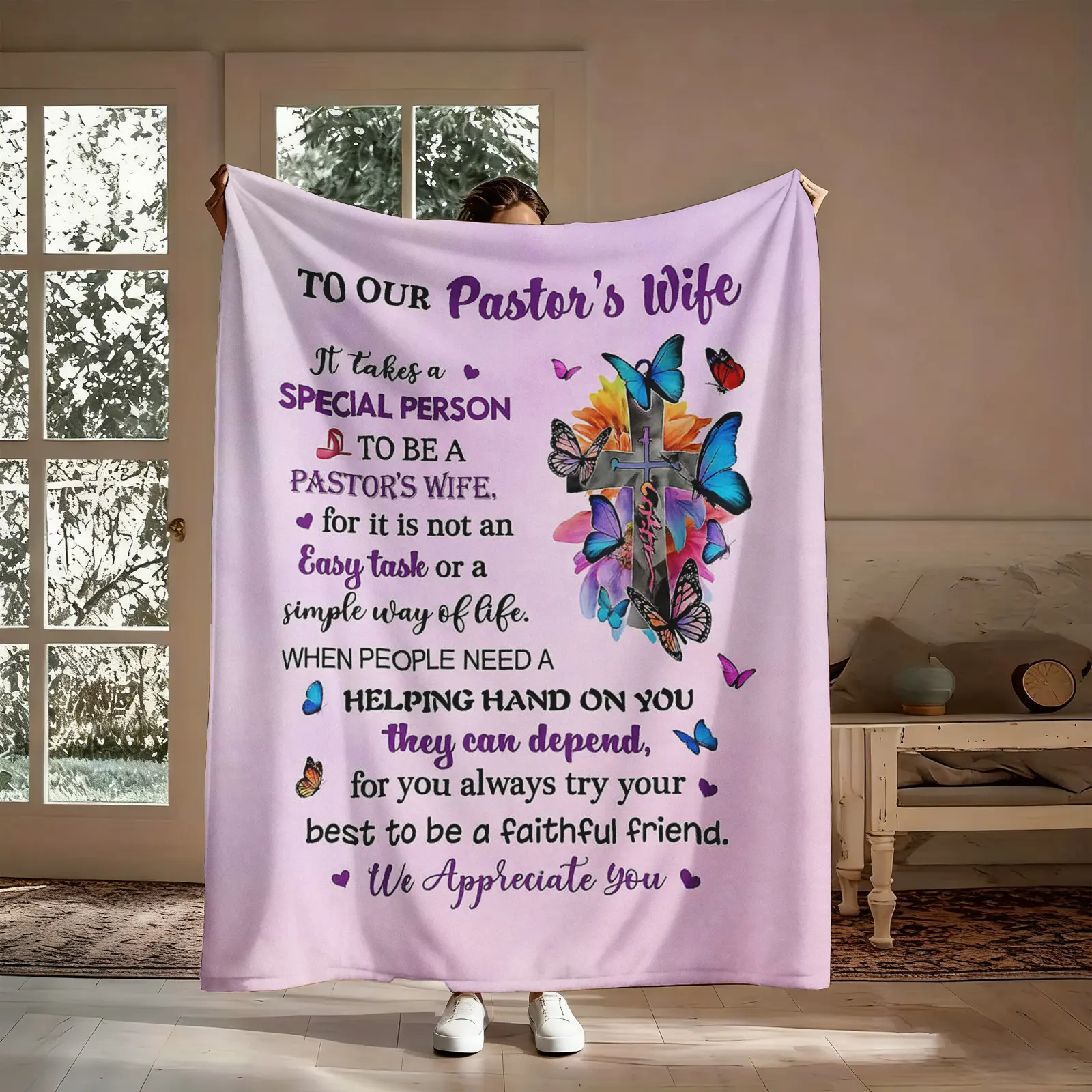 Pastor's Wife Appreciation Flannel Barrier Blanket Throw - Soft, Wrinkle Resistant, Odor Resistant, Heat Retentive, Compact Square, Floral Cross Motif, Durable, Double-Sided, Machine Washable, Religious Thank You Gift for Her, Bedroom Use