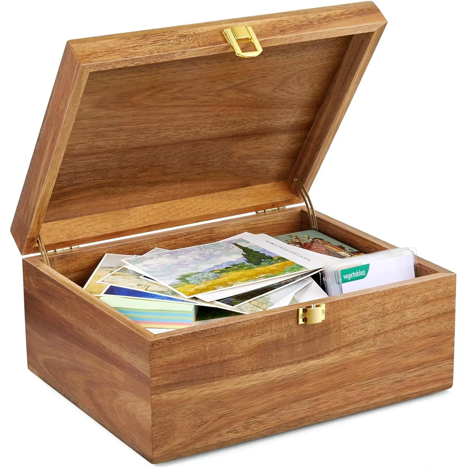 Large Acacia Wooden Keepsake Box with Hinged Lid - Room Accessories for Craft, Photo Storage