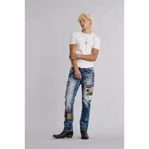 Women's Medium Blue Stretch Brayen Straight Custom Denim Jeans - Leather-Trimmed Pocket, Patchwork, Embroidery Accents, Streetwear Urban Bottoms