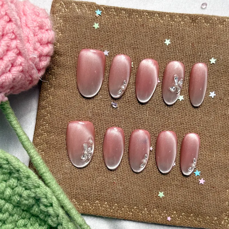 Custom Pearl Pink Press On Nails | Cat Eye Shimmer Nails | Elegant Rhinestone Accents | Personalize Long Oval Nail Design