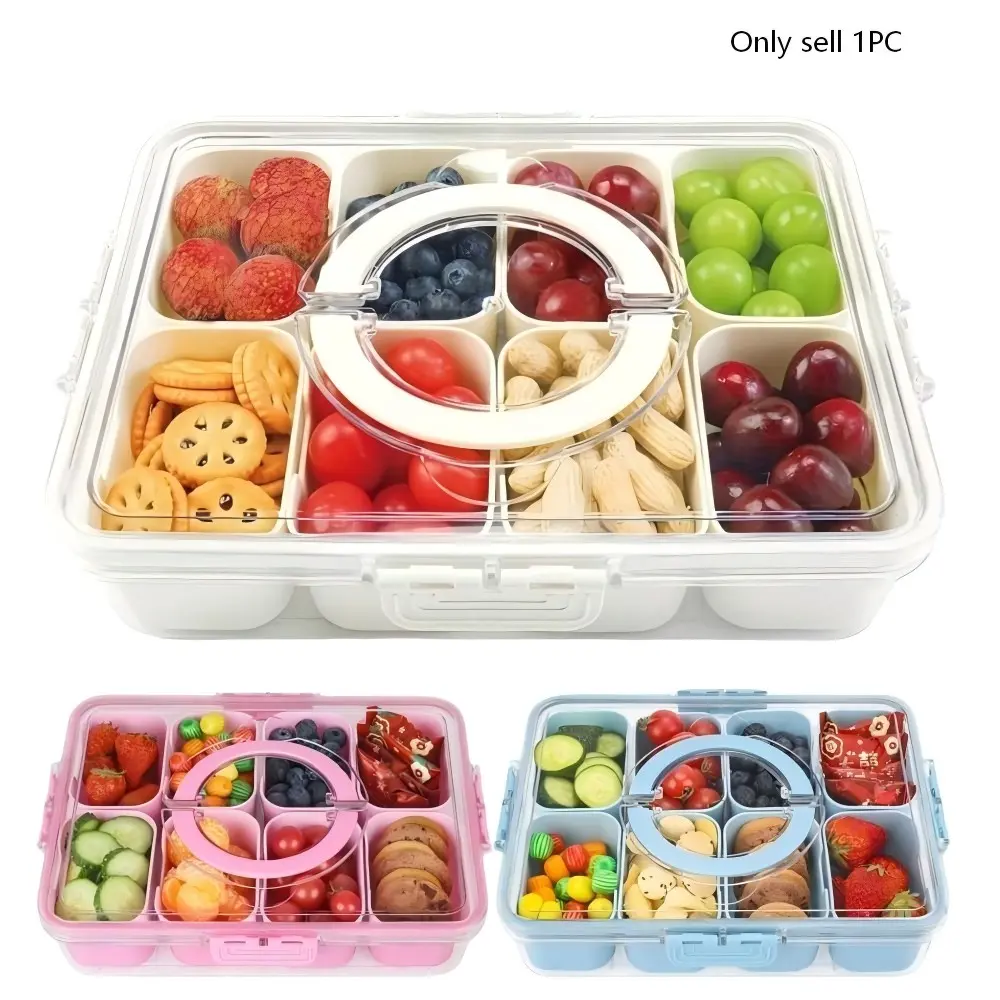 4/8 Compartment Transparent Snack Box with Lid & Handle, Plastic Kitchen Sealed Container, Portable Food Organizer for Lunch, Travel, Camping, Plastic Food Containers, Food Storage, Clear Container