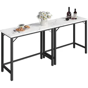 Narrow Bar Table, 63-Inch Pub Table for Dining Room, Counter Bar Tables with Sturdy Metal Frame, Connectable Bar Table, Multifunctional Console Table, Marble and Black BTHM1601