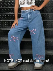 Girls' Casual Faux Denim Imitation Jeans Woven Vintage Light Blue Distressed Loose Straight Fit Denim Look Pants with Pink Bow Printed Elastic Waist Faux Pocket Soft Fabric Fashion Trousers