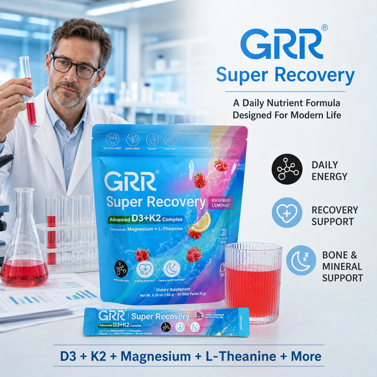 GRR Super Recovery Drink Mix | Daily Recovery Formula with Vitamin D3 + K2, Magnesium Glycinate, L-Theanine, Zinc, Vitamin C & Boron | Bone, Muscle & Wellness Support | 30 Stick Packs