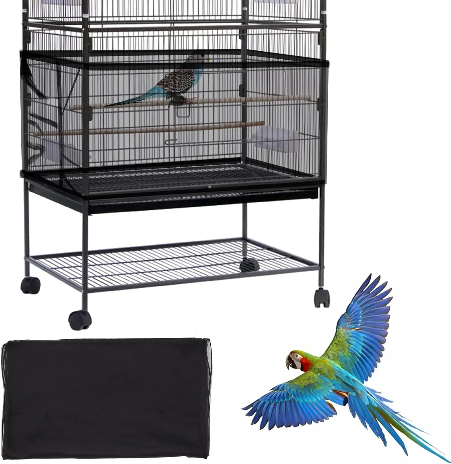 Large Bird Cage Cover, Bird Cage Seed Catcher, Adjustable Soft Airy Nylon Mesh Net, Birdcage Cover Skirt Seed Guard for Parrot Parakeet Macaw African Round Square Cages (Black)