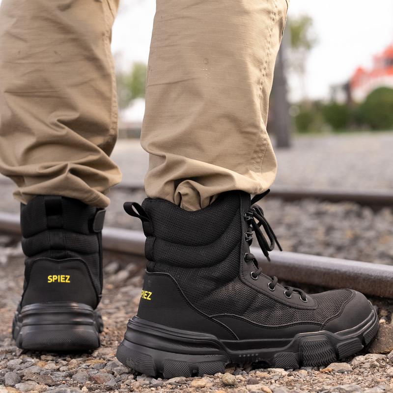 SPIEZ Steel Toe Boots for Men Industrial Construction Safety Boots with Side Zipper Puncture-Proof,Lightweight Work Boots Hiking Military Tactical Shoes