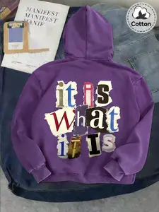 Men's Hooded Sweatshirt with Patchwork Letter Print, Casual 100% Cotton Fabric, Loose Fit + Drawstring Hood, Medium Length, & Multi-Color